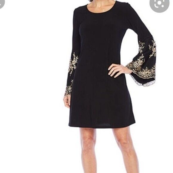 MSK Dresses & Skirts - NWT MSK Bell Sleeve Shift Dress Black Gold Sleeve Women's Plus Size 1X H14730